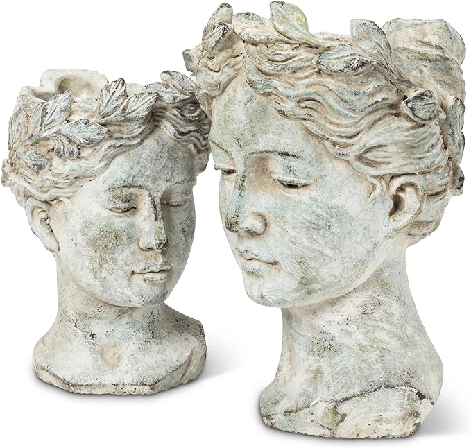 Abbott Collection Goddess Head Planter – Small Cement Indoor and Outdoor Planter Pot – Grecian Woman Statue Head Planter for Flowers and Succulents (Grey, 8.5" Tall, 3.5" Opening) AbbottCollection