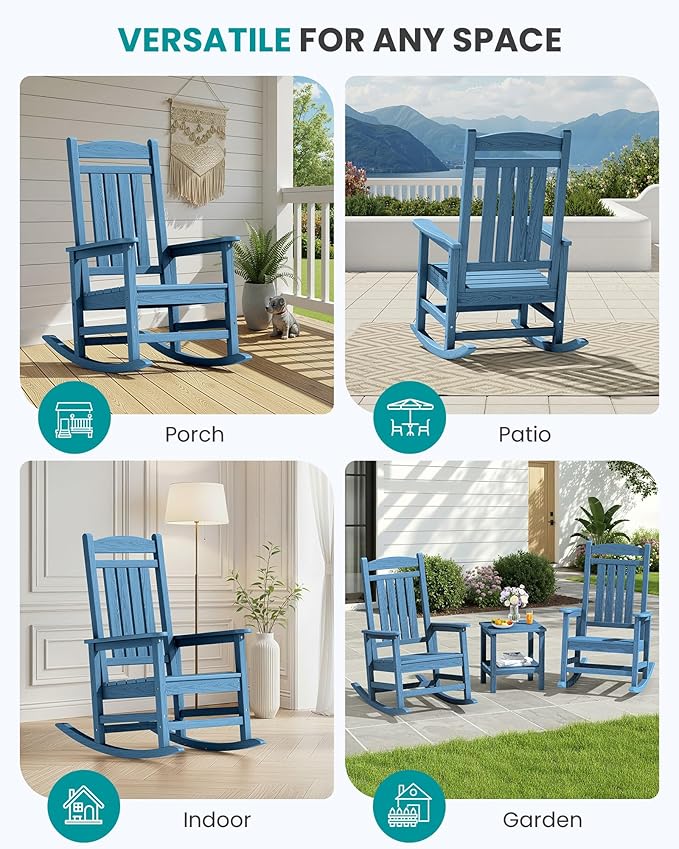 SERWALL Oversized Outdoor Rocking Chair, All-Weather Patio Rocking Chair, HDPE Porch Rocker for Adults, Blue SERWALL