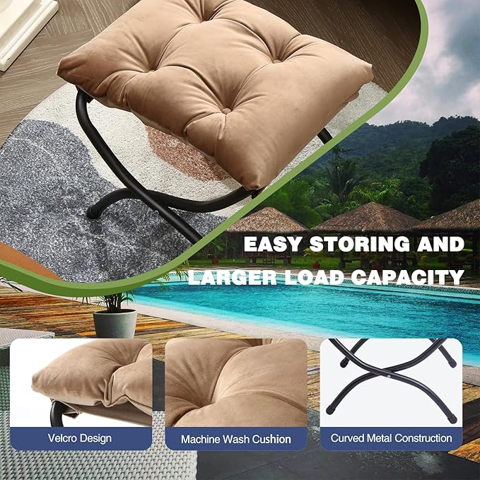 15" Foldable Foot Stool Ottoman with Metal Frame - Washable Khaki Upholstered Indoor/Outdoor Footrest for Living Room, Bedroom, Patio - Space-Saving Compact Design WELL-STRONG