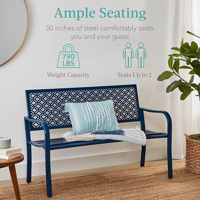 Best Choice Products Outdoor Bench 2-Person Metal Steel Benches Furniture for Garden, Patio, Porch, Entryway w/Geometric Backrest, 790lb Capacity - Peacock Blue BestChoiceProducts