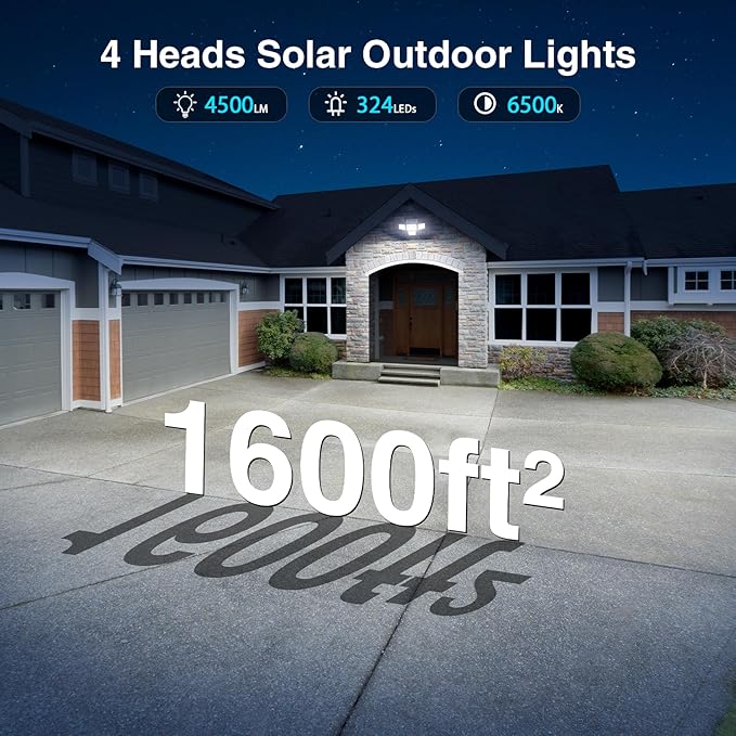 4500LM Solar Lights Outdoor Waterproof, 254 LED Solar Flood Lights Outdoor with 2 Motion Sensor, 4 Heads Security Light with Remote Control for Yard Outside House Garage 2 Pack SZPOWER