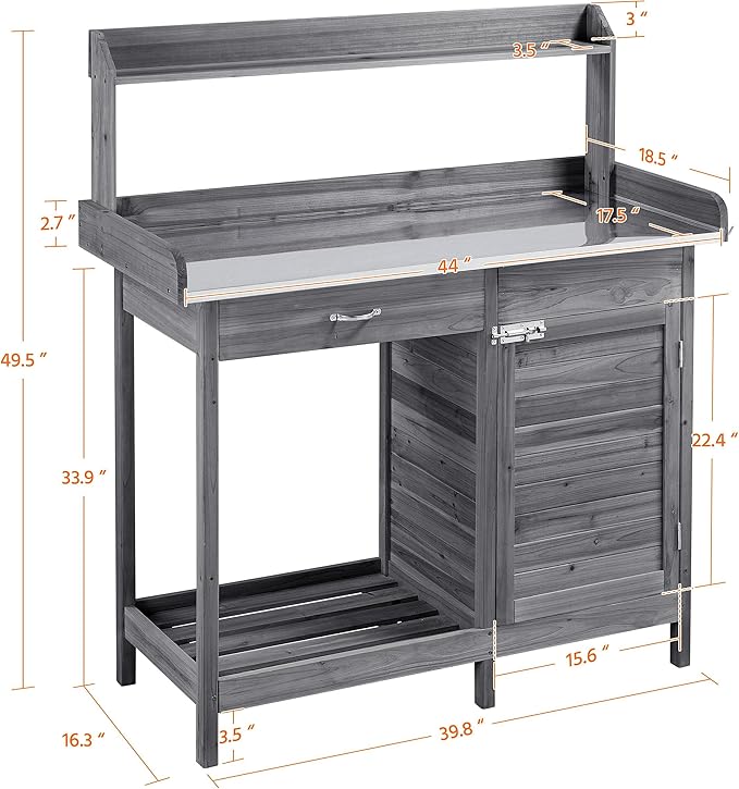 Yaheetech Outdoor Potting Bench Table, Garden Workstation w/Metal Tabletop/Cabinet Drawer/Open Top/Lower Shelf/Handy Hooks for Horticulture,Gray Yaheetech