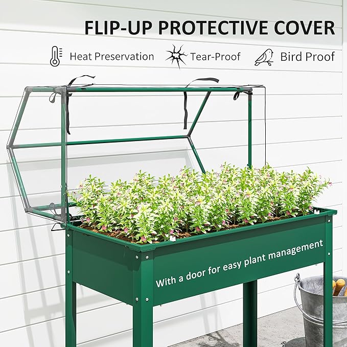 Outsunny Raised Garden Bed with Greenhouse Cover, Elevated Planter Box with Legs and Drainage Hole for Vegetables Flowers Herbs, 39.4" x 18.9" x 48.8", Green Outsunny