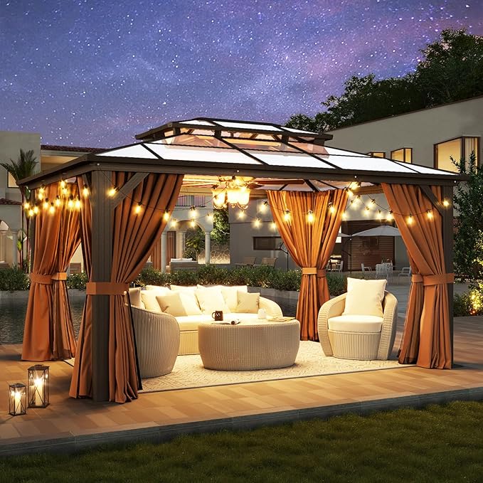 Aoxun 10'x14' Hardtop Gazebo, Aluminum Frame Permanent Pavilion with Curtains and Netting, Outdoor Polycarbonate Double Roof Canopy, for Patio, Garden, Lawn, Brown Aoxun