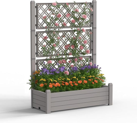 Raised Garden Bed with Trellis for Climbing Plants, 43.43" L x 18.27" W x 59.29" H Self Watering Planter Box with Drainage Holes for Outdoor Backyard Patio Balcony, Anti-Rust Resin (Grey) OutdoorLivingPerfected