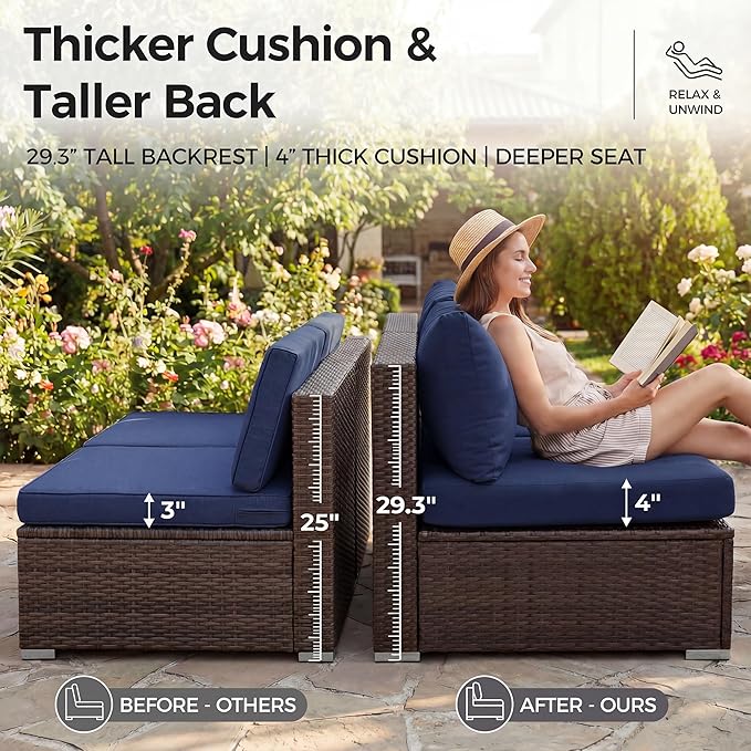 NICESOUL Large Size 9 Pcs Outdoor Patio Sectional Sofa Set with Firepit Natural Gas/Propane, 29.3'' High Back Conversation Sectional Couch Sets Deep Wide Sitting, Brown Rattan and Navy Blue Cushion NICESOUL