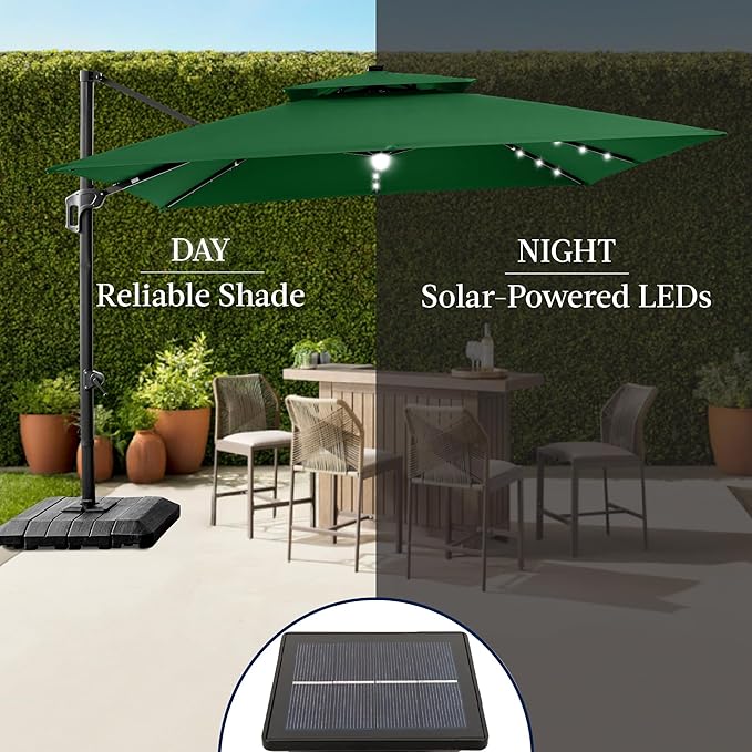Best Choice Products 12x12ft LED Cantilever Patio Umbrella w/Base Included & 360° Rotation, Large Solar Offset Hanging Outdoor Sun Shade for Deck, Backyard Table w/Stand & Lights – Green BestChoiceProducts