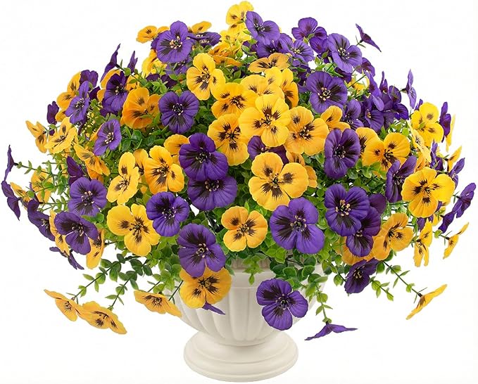 18 Pcs Artificial Fake Pansy Flowers for Outdoor, Faux UV Resistant Silk Pansies Flowers for Outside Planter Front Door Porch Yard Patio Window Box Home Decor (18, Yellow,Purple) RowfadFlora