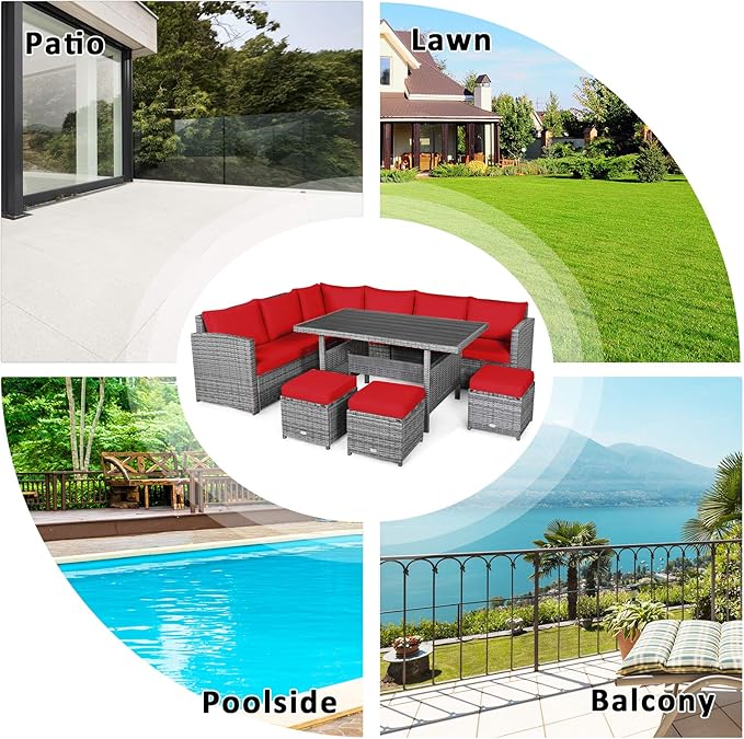 Tangkula 7 Pieces Patio Furniture Set, Outdoor Sectional Rattan Sofa Set with Cushions, All Weather Wicker Conversation Couch Set w/Dining Table & Ottomans for Backyard Garden Poolside TANGKULA