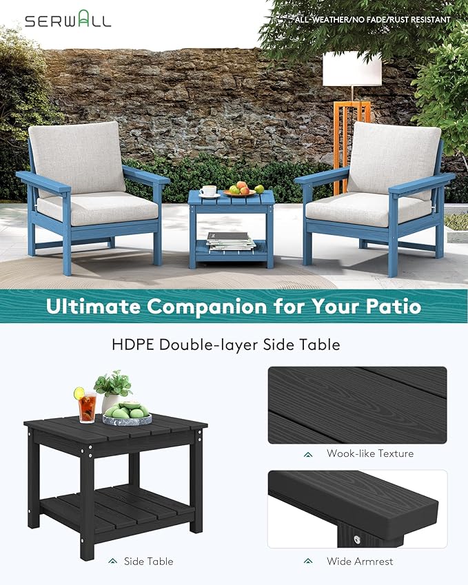 SERWALL HDPE Patio Sofa Set, 3-piece Sectional Outdoor Furniture Set, All Weather Outdoor Couch Set Patio Furniture Set for Deck, Lawn, Blue Frame with Khaki Cushion SERWALL