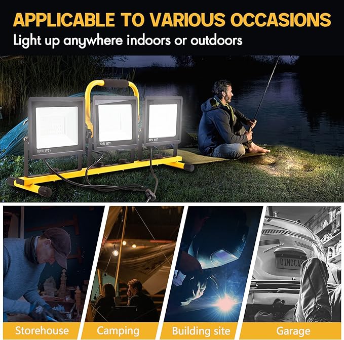 22000 Lumen Work Lights with Stand, 3 Head Portable LED Work Light, with Adjustable&Foldable Tripod Stand, IP66 Waterproof Lamp for Outdoor Indoor Job Site Workshop Garage Construction Site Lighting GUWELL