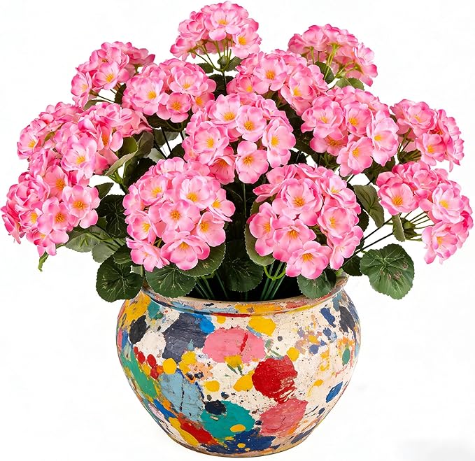 Artificial Geraniums Flowers for Outdoors, 6 Bundles Realistic Silk Fake Geranium, No Fade Faux Plants for Hanging Baskets, Window Boxes, Pots - Porch, Patio, Garden Decor(Pink) AmberFun