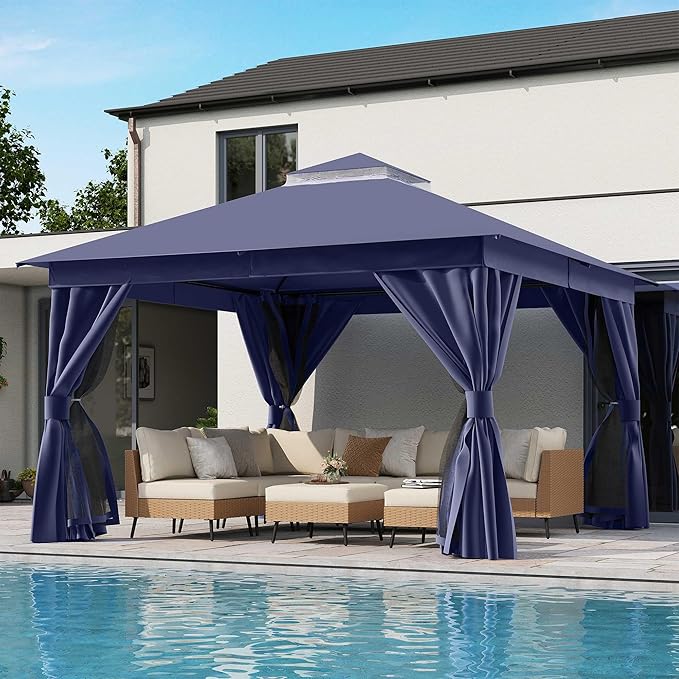 LAUSAINT HOME Semi-Permanent Outdoor Patio Gazebo 12'x12', Heavy Duty Party Tent Shelter with Double Roofs, Mosquito Nettings and Privacy Screens for Backyard, Garden, Lawn, Navy Blue LAUSAINTHOME