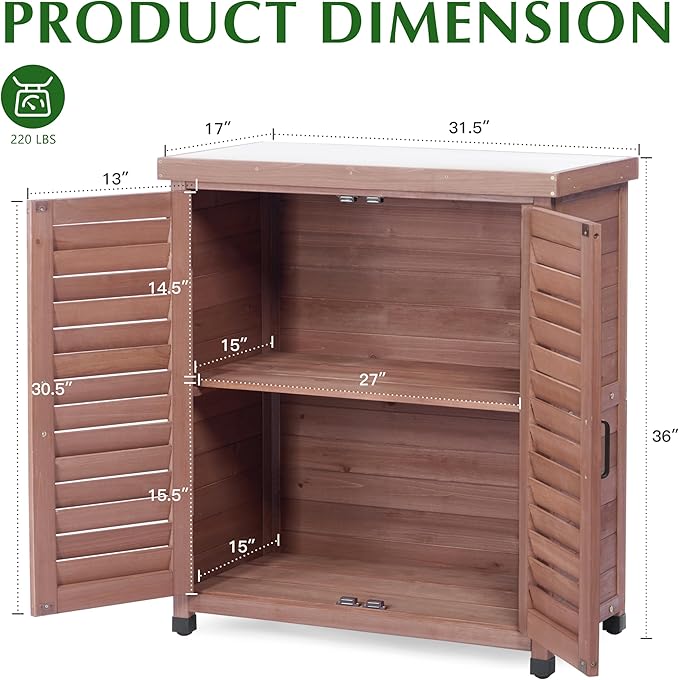 Outdoor Storage Cabinet & Potting Bench Table with Metal Top, Wooden Patio Furniture, Garden Workstation (Dark Brown, 36x31x17in) OutdoorFurniture