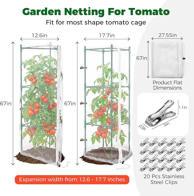 3Pcs Garden Bird Netting Plant Cover for Tomato Cage, 67" x 17.7" Insect Bird Barrier Tomato Cage Net with Zipper, Tomato Trellis Plant Netting Cover for Square Tomatoes Cages Plants Garden Protection WYRJXYB