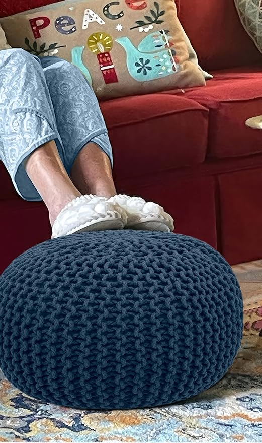 COTTON CRAFT - Hand Knitted Cable Style Dori Pouf - Blue - Floor Ottoman - Cotton Braid Cord - Handmade & Hand Stitched - Truly one of a Kind Seating - 20 Dia x 14 High COTTONCRAFT