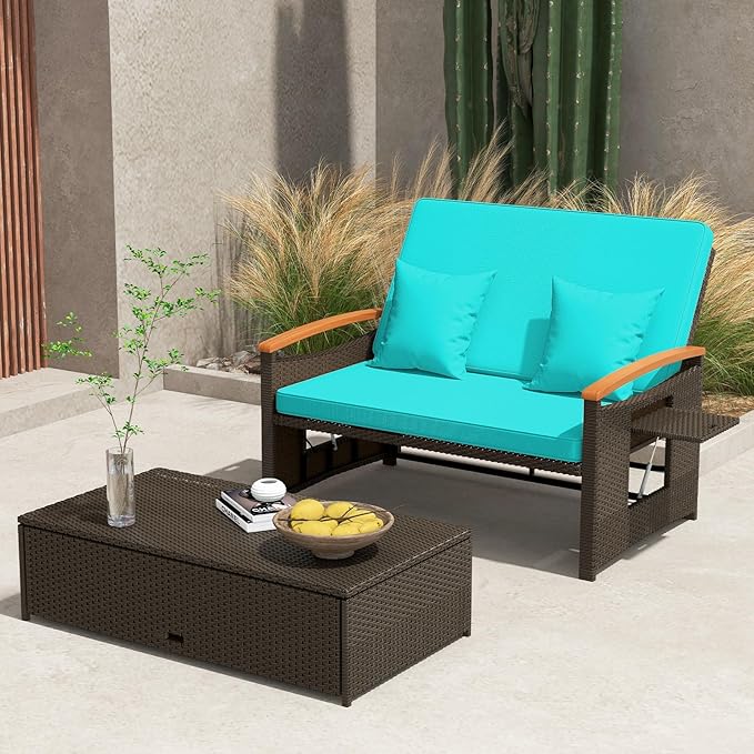 Tangkula Patio Rattan Daybed with 4-Level Adjustable Backrest, Outdoor Wicker Loveseat with Acacia Wood Armrest, Storage Ottoman & Folding Tray, Double Sunbed for Balcony, Yard & Poolside (Turquoise) TANGKULA