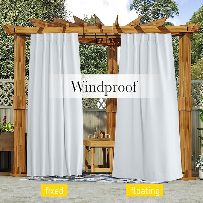 NICETOWN Blackout Outdoor Curtains for Patio Windproof 2 Panels Top & Bottom Pocket & Back Tab, Thermal Fixed Waterproof Safe Drapes Keep Privacy for Yard/Porch, Greyish White, W52 x L84 NICETOWN
