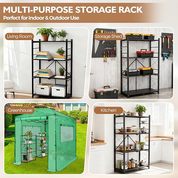 EAGLE PEAK 4-Tier Foldable Greenhouse Shelf, Heavy Duty Metal Storage Rack, No Assembly Steel Shelving Unit, Plant Stand for Greenhouse and Multi-Use Storage, 28”x14.6”x44.7”, 520 lbs, 1 Pack, Black EAGLEPEAK
