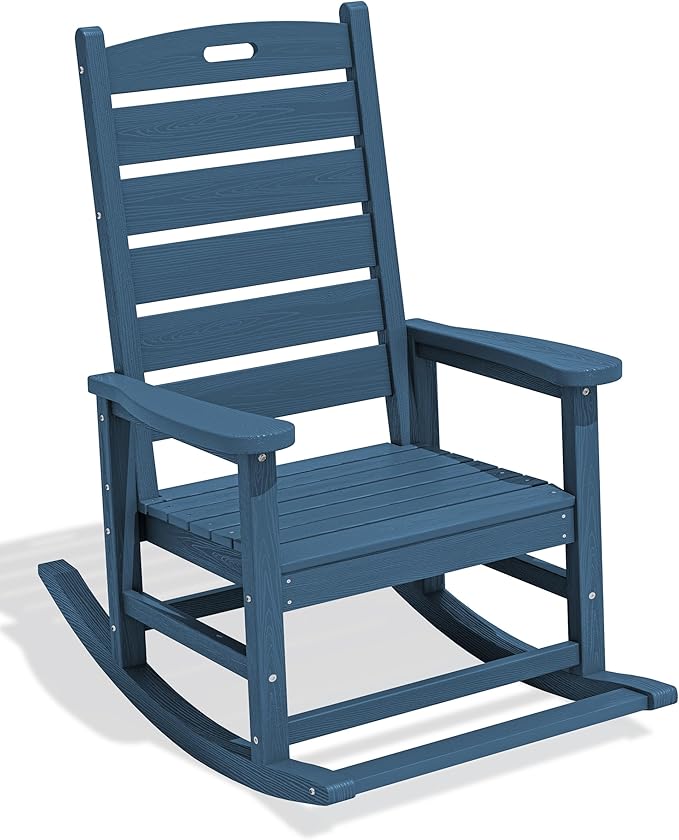 SERWALL Oversized Outdoor Rocking Chair, HDPE Patio Rocking Chair with Footrest for Adults, All Weather Porch Rocker for Deck Patio Balcony, Navy SERWALL