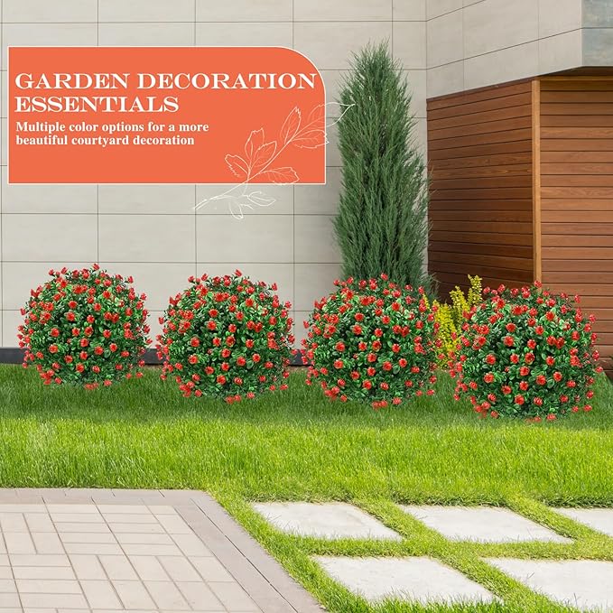 Artificial Topiary Bushes for Outdoors with Spike, Boxwood Ball Fake Shrubs UV Resistant Faux Plants for Indoor Outdoor Fall Thanksgiving Halloween Decor (Artificial Boxwood Ball Bush-Red) FAJUNZH