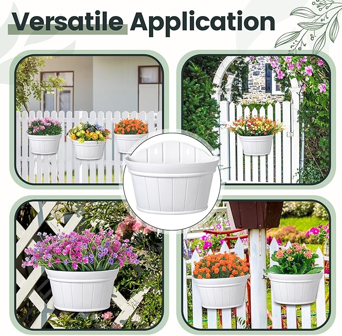 Layhit 6 Pcs Wall Hanging Planters Outdoor Pot Planter Wine Barrel Planter Distressed Oak Thickened Plastic Water Storage Flower Pots for Flower Indoor Outdoor(12 Inches,White) ShungLan