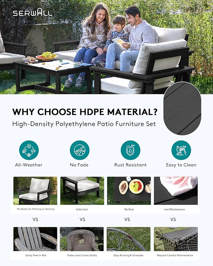 SERWALL HDPE Patio Conversation Set, 6-piece Sectional Outdoor Furniture Set, All Weather Outdoor Couch Set Patio Furniture Set for Deck, Lawn, Black Frame with Khaki Cushion SERWALL