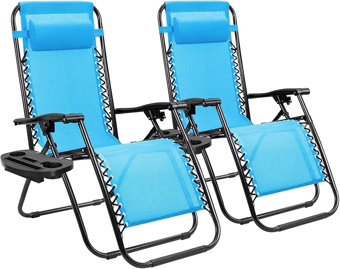 Homall Zero Gravity Chair Adjustable Folding Lawn Lounge Chairs Outdoor Lounge Gravity Chair Camp Reclining Chair with Pillows for Poolside Backyard and Beach Set of 2 (Sky Blue) Homall