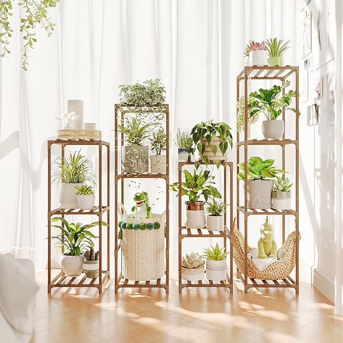Bamworld 4 Sets Tall Plant Stands Indoor Outdoor Combo Plant Shelves Wooden Plant Holder Rack for Multiple Plants Flower Stands for Living Room Balcony Garden Patio Lawn Window Bamworld