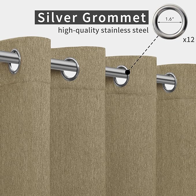 Easy-Going Linen Look Outdoor Curtains Waterproof Windproof Porch Curtains, Soft Thicken Outdoor Privacy Curtains for Patio, Gazebo, Grommet Top and Tab Bottom Drape, 1 Panel, 110x84 inch, Khaki Easy-Going