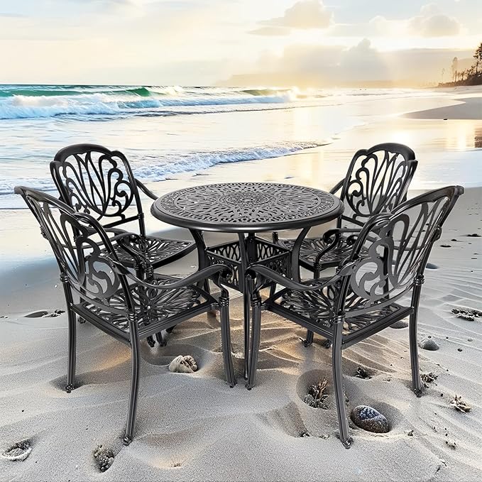 35" Outdoor Dining Table, Cast Aluminum Patio Bistro Table with 2.44" Umbrella Hole, Patio Furniture for Backyard Garden, Black PATIO-IN