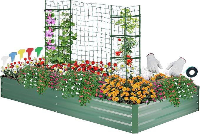 ONCEMORE Galvanized Raised Garden Bed for Vegetables Flowers Herbs, Metal Raised Garden Bed Kit with 2 PCS Tomato Cage, Gloves, Trellis Netting, Plant Labels, Plant Ties, Green 8×4×1FT ONCEMORE