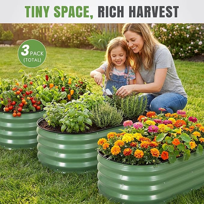 INNO STAGE 3Pcs Galvanized Raised Garden Bed Kit, Outdoor Metal Raised Garden Beds for Vegetables, Rust-Resistant & Easy Assembly, 4x2x1ft Oval Raised beds for Gardening, Flowers, Herbs (Olivergreen) INNOSTAGE