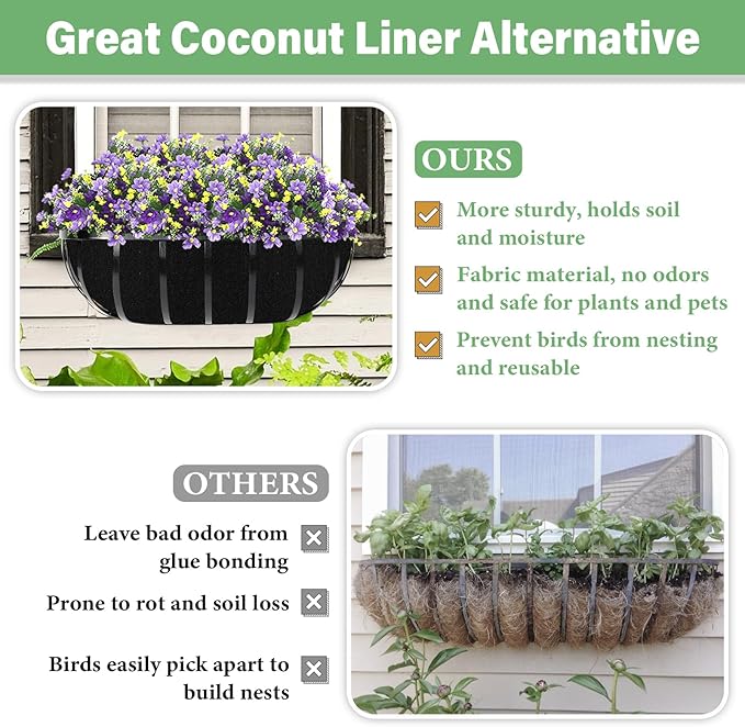 Riare 4 Pack 24 Inch Black Felt Window Box Liners- Fabric Trough Planter Basket Liners Replacement, Non-Woven Hanging Plant Liner for Wall Hanging Basket, Garden Fence Railing (Avoid Bird Nesting) Riare