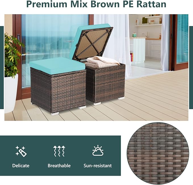 Tangkula 2 Pieces Patio Ottomans, Patiojoy Hand-Woven PE Rattan Side Table with Removable Cushion & Hidden Storage Space, Multifunctional Storage Box, Seat for Patio, Backyard, Poolside (Turquoise) TANGKULA