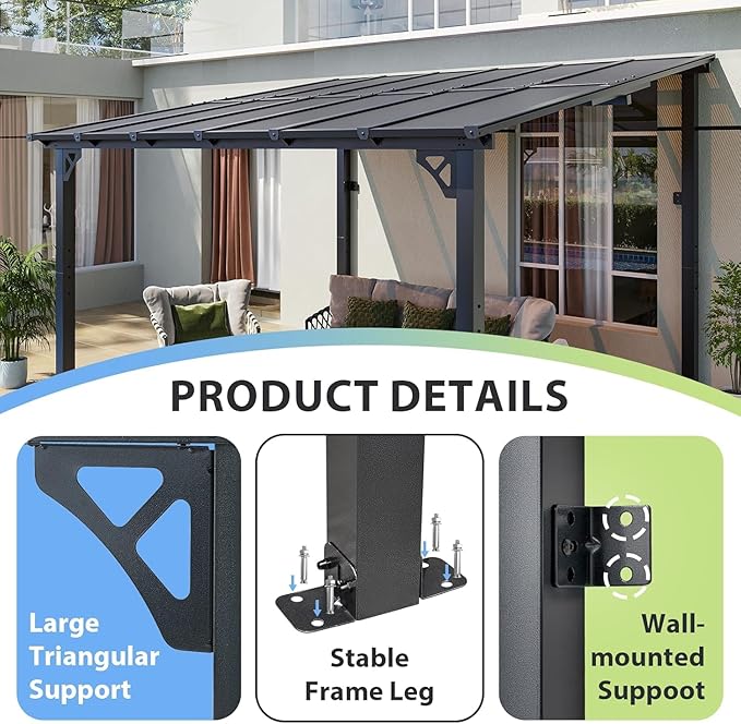 Aoxun 12'x 10' Premium Gazebo with Aluminum Top Frame & Polycarbonate Panel, Wall Mounted Gazebos Pergola, Outdoor Patio Lean to Gazebo, Awnings with Sloped Roof, for Backyard, Porch, Deck Aoxun
