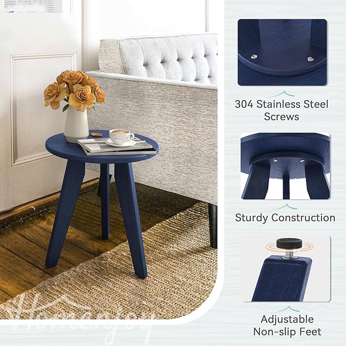 HDPS Outdoor Side Table, Small Round Side Table Weather-Resistant, Outdoor Side Tables for Patio, Porch, Deck, End Table for Plant Stand, Living Room, Bedroom, Navy HOMENJOY
