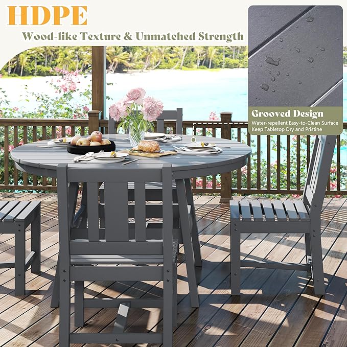 AMERLIFE 5 Piece HDPE Outdoor Dining Table & Chairs Set, All-Weather Patio Table and Chairs Set Furniture with Umbrella Hole for Garden, Backyard, Poolside, Seaside, Gray AMERLIFE