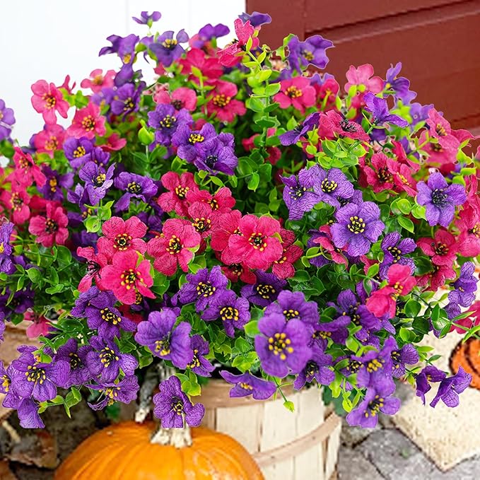 Artificial Flowers for Outdoor, UV Resistant Fake Silk Flowers, Realistic Faux Plants for Outside Indoor Porch Patio Window Box Planter Home Decor (14, Purple Rosy) Welcometothetrytuny