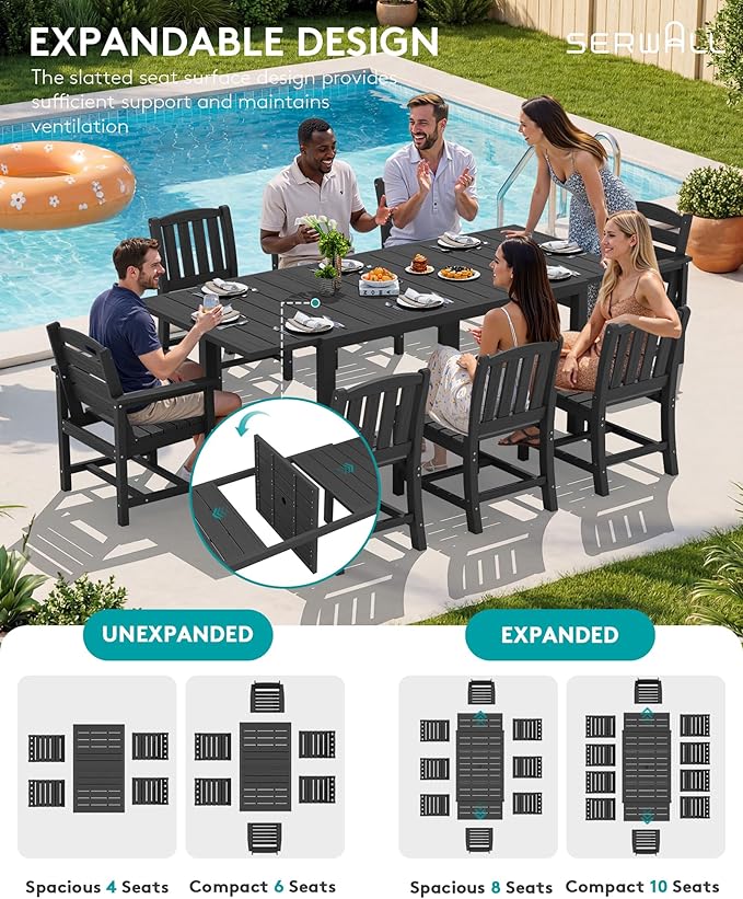 SERWALL 7-Piece Outdoor Dining Set, 60" - 83" Expandable Outdoor Dining Table and 6 HDPE Chairs, All Weather HDPE Outdoor Furniture Set for Backyard, Garden, Black SERWALL