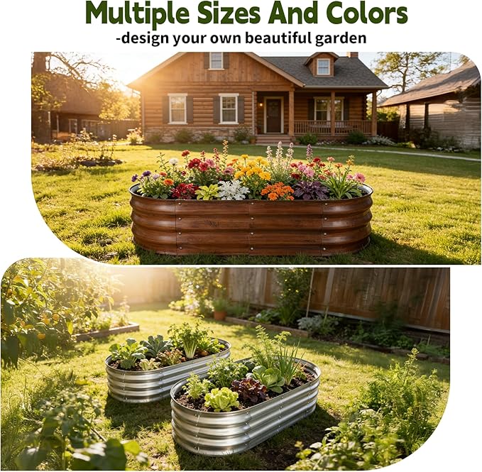 Galvanized Raised Garden Bed Outdoor, Large Raised Bed for Gardening, 2Pcs 4x2x1ft Oval Metal Planter Box for Vegetables, Fruits, Flowers, Dark Brown Wood Grain VivaGarden