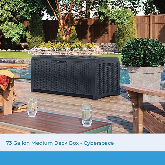 Suncast Outdoor Storage Box - 73 Gallon Cyberspace Resin Wicker Deck Box with Lockable Lid, Outdoor Storage Bin for Patio Cushions, Shoes, Pool & Garden Gear, Made in USA Suncast