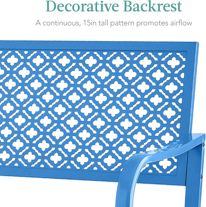 Best Choice Products Outdoor Bench 2-Person Metal Steel Benches Furniture for Garden, Patio, Porch, Entryway w/Geometric Backrest, 790lb Capacity - Ocean Blue BestChoiceProducts