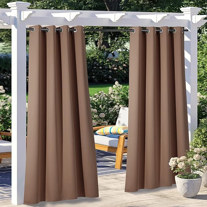 NICETOWN 2 Panels Outdoor Curtain Panels for Patio Waterproof, Stainless Steel Silver Grommet Thermal Insulated Blackout Thermal Insulated Outdoor Drapes for Patio/Front Porch, W52 x L108, Tan NICETOWN