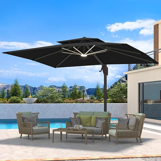 10 X 13 FT Cantilever Patio Umbrella with LED Lights Outdoor Heavy Duty Double Top Windproof Rectangle Offset Umbrellas with 360-degree Rotation for Pool Deck Backyard, Black Ombrellon