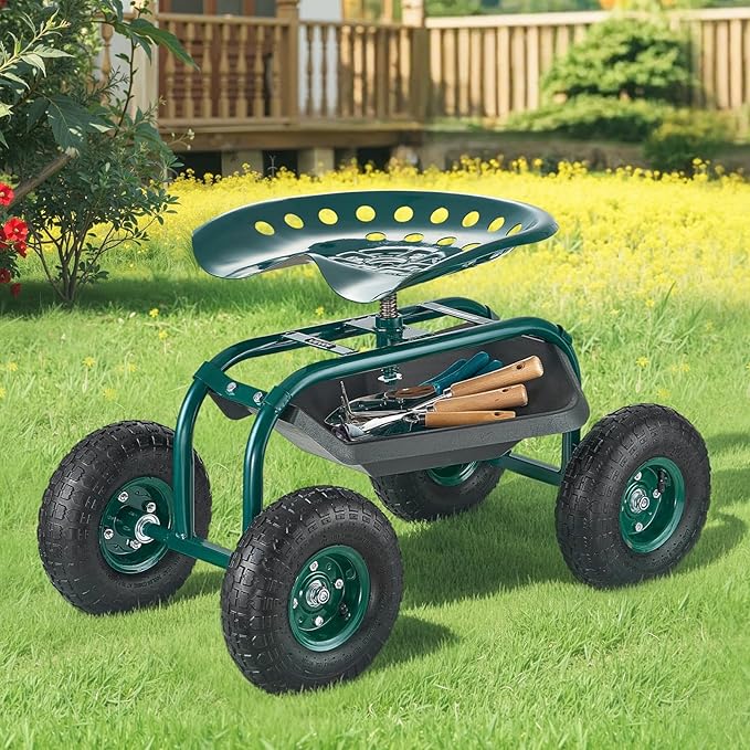VEVOR Rolling Garden Cart with Swivel Seat, Heavy Duty Garden Seat with Storage Basket & Tool Tray, 300 lbs Weight Capacity, Outdoor Utility Gardening Stool Scooter for Lawn Yard Planting Weeding VEVOR