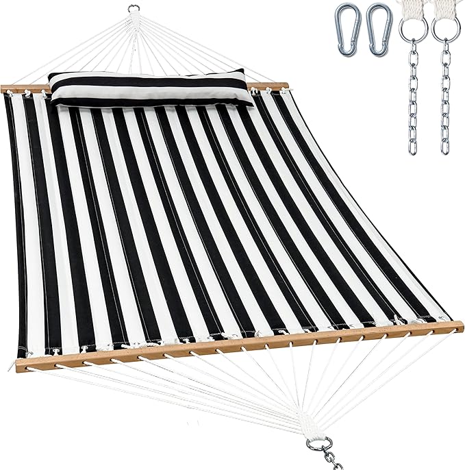 2 Person Hammocks for Outside, Double Quilted Fabric Outdoor Hammock with Spreader Bar, Large Removable Pillow, Storage Pockets, Carabiners, Max 475 lbs Capacity (Black White) GafeteOutdoorLiving