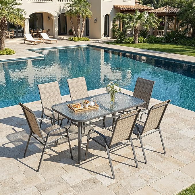 MAMIZO Patio Dining Chairs, Stackable All Weather Teslin Chair, Heavy Duty Outdoor Breathable Chairs Set, w/Armrests, Upgraded Chair FeetW/Strenthened Iron Spacers, 330 LBS (6, Brown) MAMIZO