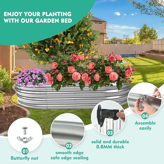 6X3X1 FT Oval Galvanized Metal Garden Raised Bed/Plant Box for Planting,36 Inches Diameter Iron Fire Pit Ring,Small Animal Fence-3 in 1 Modular Design in Black (Silver, 72X36X11.5 Inches) YSEJOMP