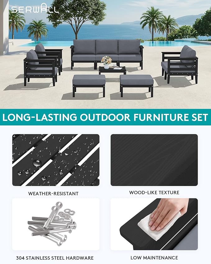 SERWALL HDPE Patio Furniture Set, 10 Pieces Outdoor Sectional Sofa Set, All-Weather Wood-Like Outdoor Sofa Couch with Coffee Table for Deck, Lawn, Black Frame with Grey Cushion SERWALL